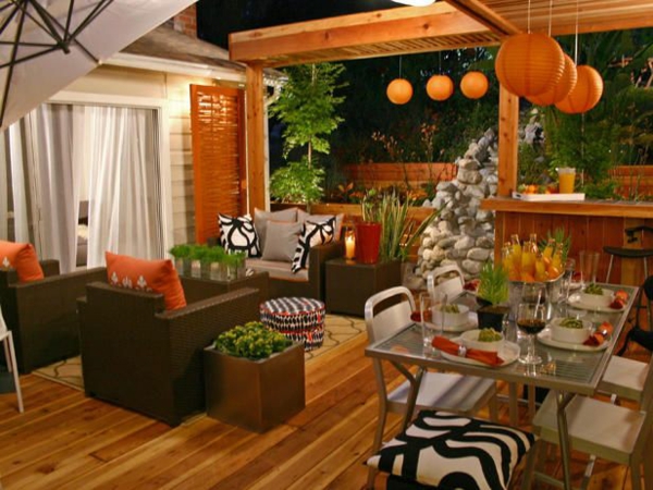 Šiuolaikinės terasos dizaino deko idėjos gyvenimo atmosferoje nuojauta apelsinų akcentai