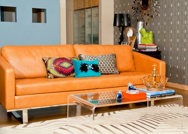 moderne akryl glass salongbord stue sofa oransje gjennomsiktige bøker