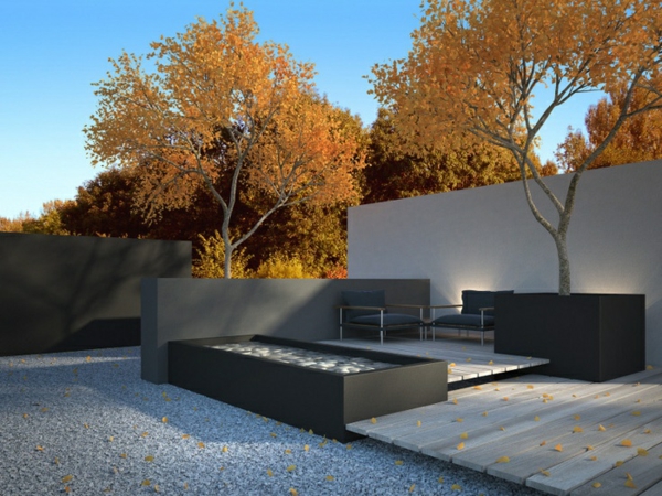 design moderne jardin gravier bois sol protection visuelle caractéristique de l'eau