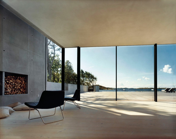 moderne hus bygge skyvedører gulv til tak vinduer minimalistisk