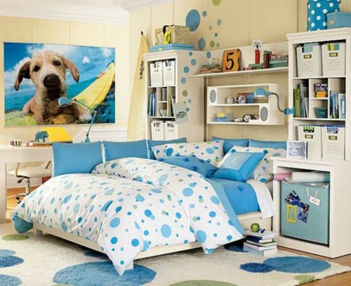 modern youth room set up boy room blue bedding carpet bin
