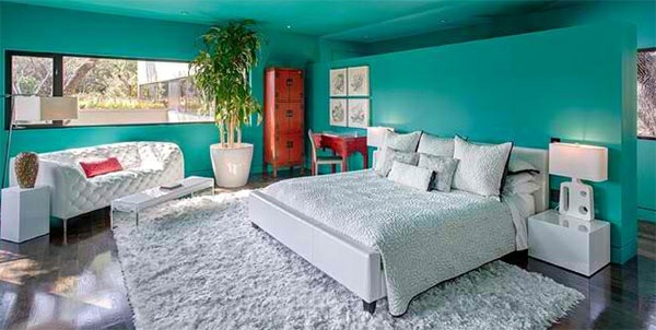moderní ložnice barva nápady stěna barva tyrkysová pokládací tmavé dřevěné podlahy