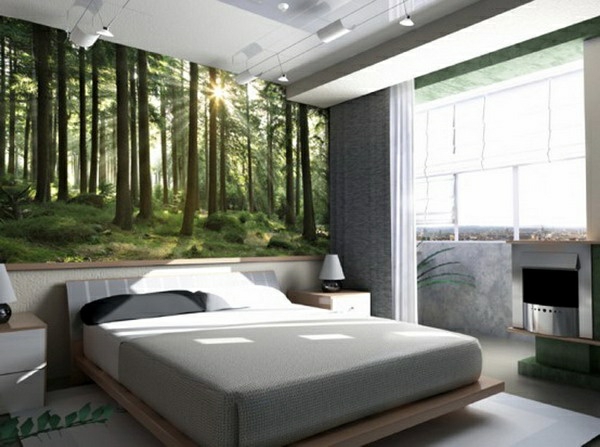 dormitorio, pared, diseño, bosque, cama de inspiración