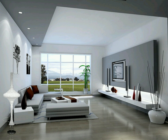 moderne stue satt opp grå aksent vegg innfelt lys