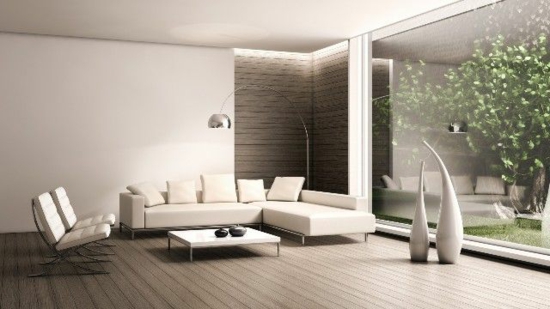 modernus gyvenamasis kambarys dizainas medinis grindys minimalistinis vaizdas kiemas stiklo siena