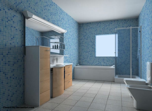 马赛克灯深蓝色的墙面砖装饰浴室
