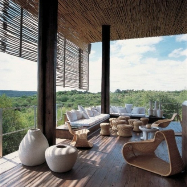 sustainable-architectural-terrace-design examples rattan furniture wooden floor view and sunscreen made of bamboo