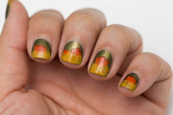 design nehtů podzimní čerstvé barevné kombinace krátké nehty