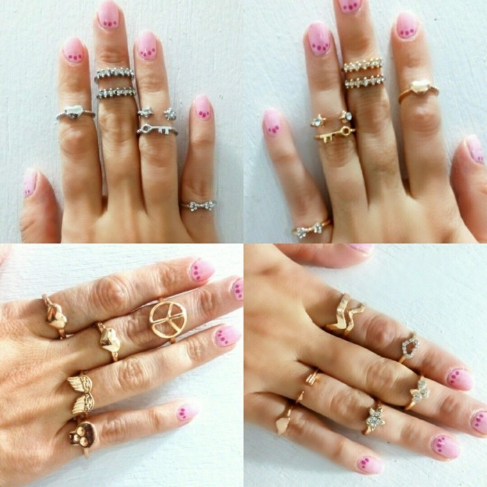 ιδέες νυχιών σχεδιασμού καλοκαίρι ροζ ροζ νύχια δαχτυλίδια χρυσό ασήμι