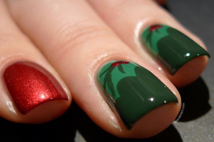 钉子设计想法冬天圣诞节指甲盖绿色红色