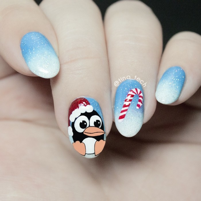 钉子设计想法冬天圣诞节指甲盖企鹅