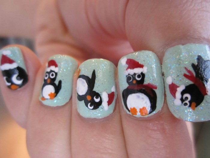 钉子设计冬天圣诞节动机企鹅指甲盖想法