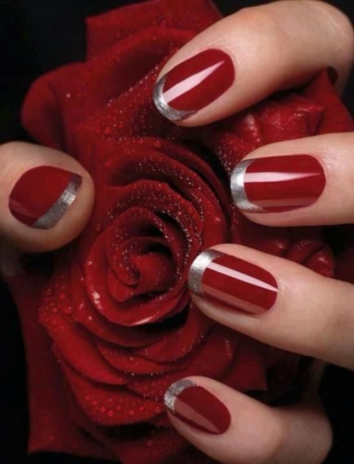 指甲设计指甲设计美甲艺术红指甲油银玫瑰