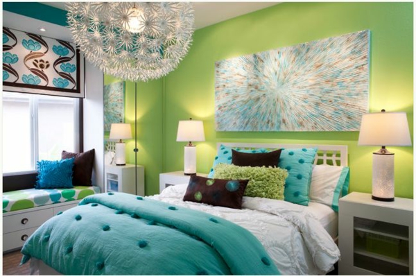 neon accent kleuren groen blauw bed