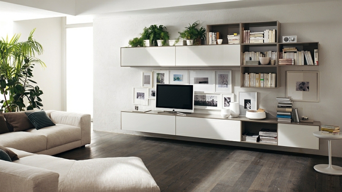Ideas de decoración de color neutro sofá sala de estar ideas minimalistas estantes de pared