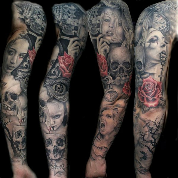 горната част на ръката татуировка племенни цветя червена роза
