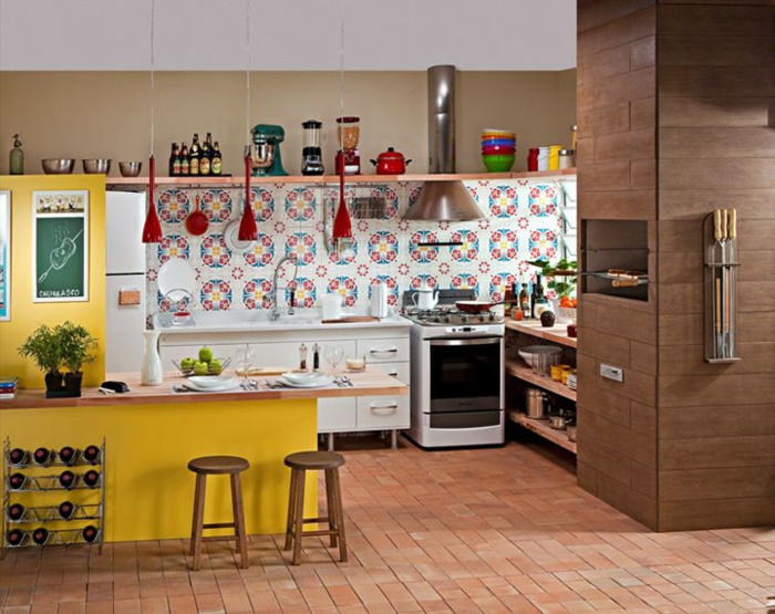 ανοιχτή κουζίνα κουζίνα ιδέες σχεδίου κουζίνας πολύχρωμα κεραμίδια κουζίνας