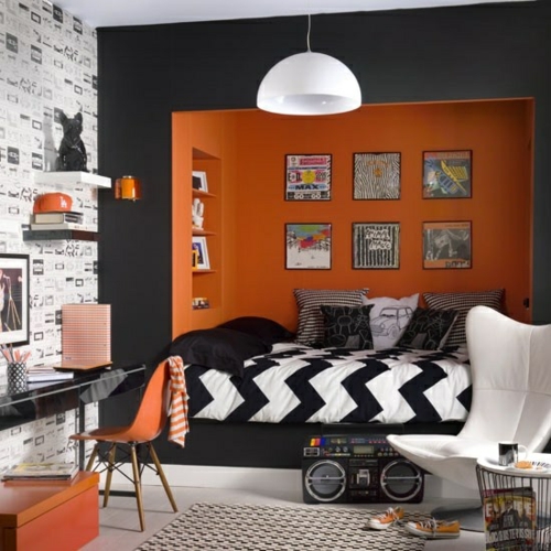 πορτοκαλί μαύρο μοτίβο λαμπτήρων δωμάτιο νεολαίας κουβερτούλα chavron