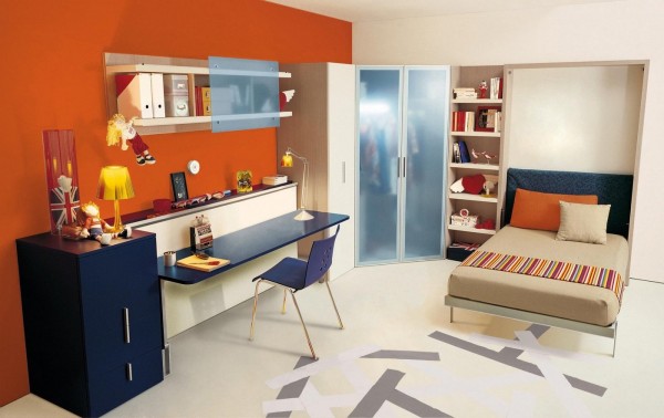 diseño de pared de color naranja muebles de ahorro de espacio de habitación de los niños