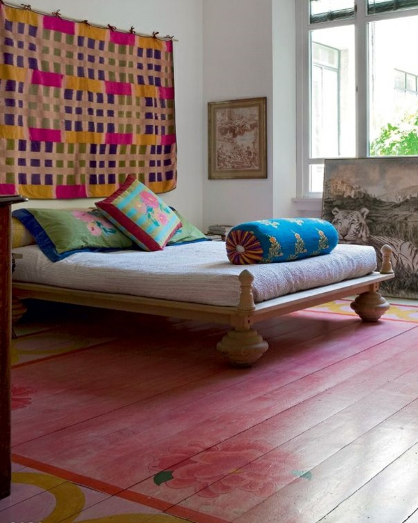дизайн спалня легло гоблени дървен под