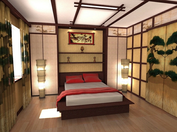 ориенталска спалня азиатски дизайн пердета за изкуство