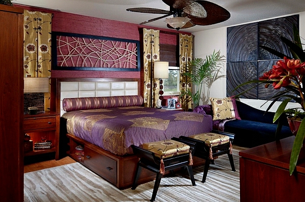 спалня азиатски дизайн злато и лилаво