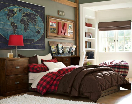 原始的房间棕色床罩世界地图设计青少年