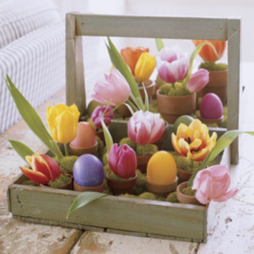 velikonoční dekorace dřevěné květinové krabice malé hrnce