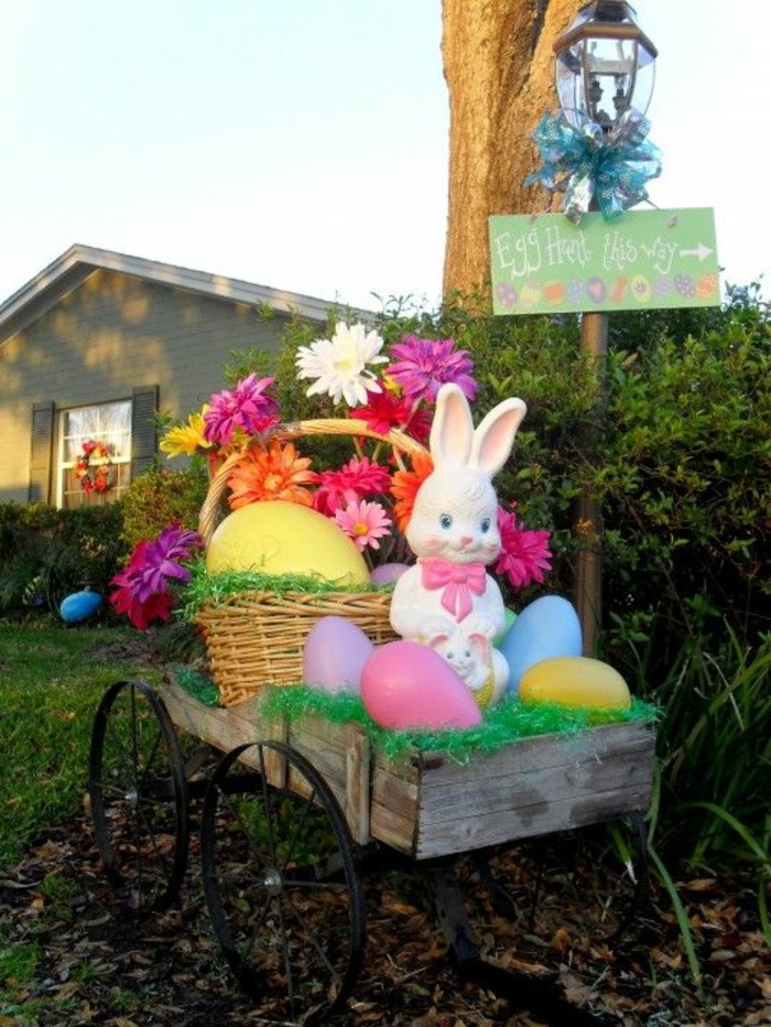 pasen decoratie tuin feestelijk deco ideeën pasen konijn gekleurde paaseieren