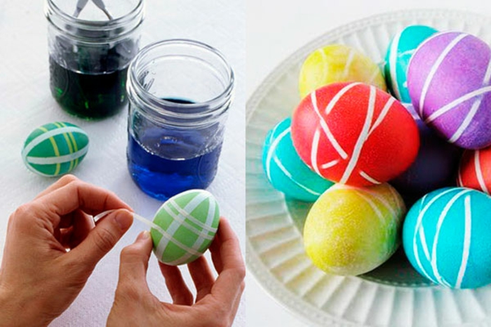 πασχαλινά αυγά χρωστικές ιδέες διακόσμησης αυγά χρώμα diy ιδέα ταινία τεχνική