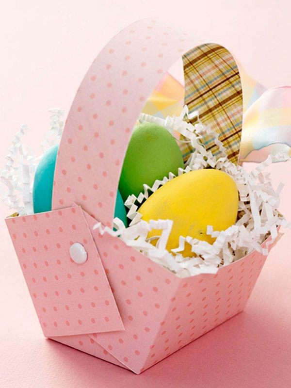 Easter basket crafting Easter basket folds out of cardboard pink dot pattern