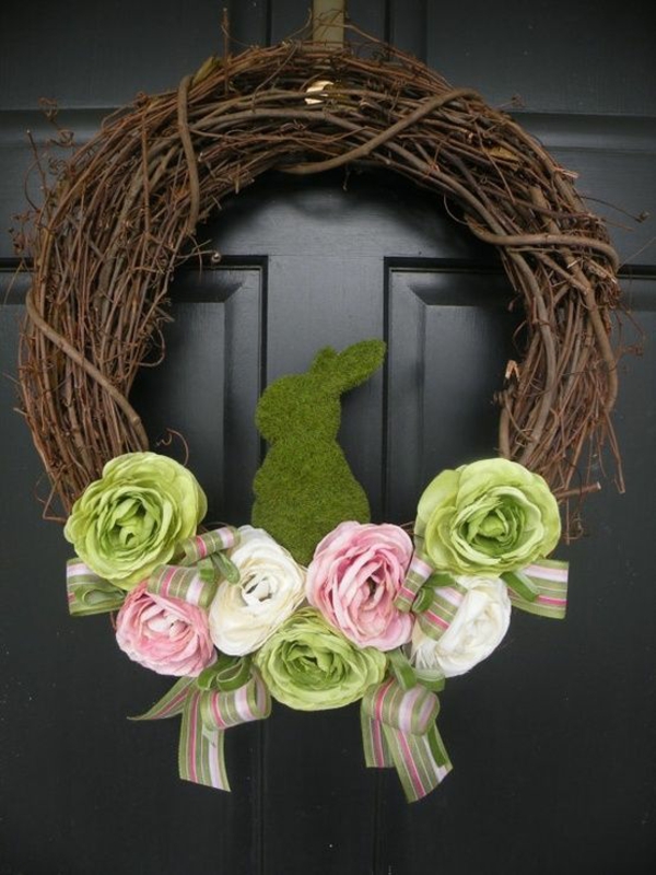 复活节花圈修补匠创意工艺的想法复活节兔子青苔人造花玫瑰