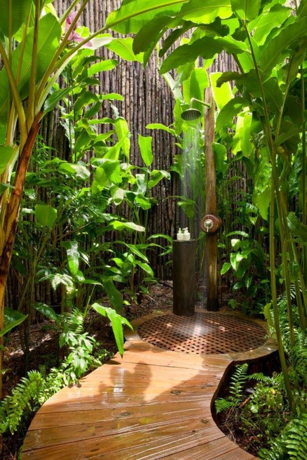 outdoor shower summer bathroom wood floor garden plants