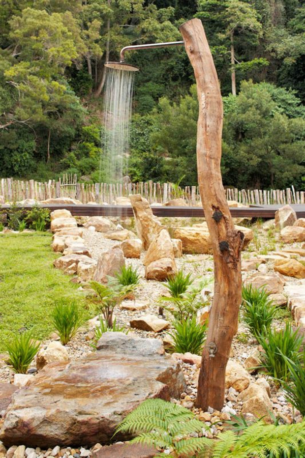 solar shower rock garden shape wood