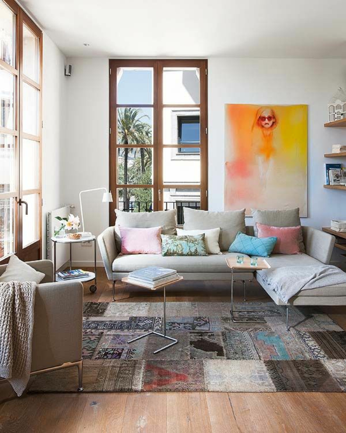patchwork gulvtæppe stue gulv forskellige mønstre
