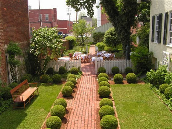 πλακόστρωτο μονοπάτι πάγκο κήπο ιδέα αυλή