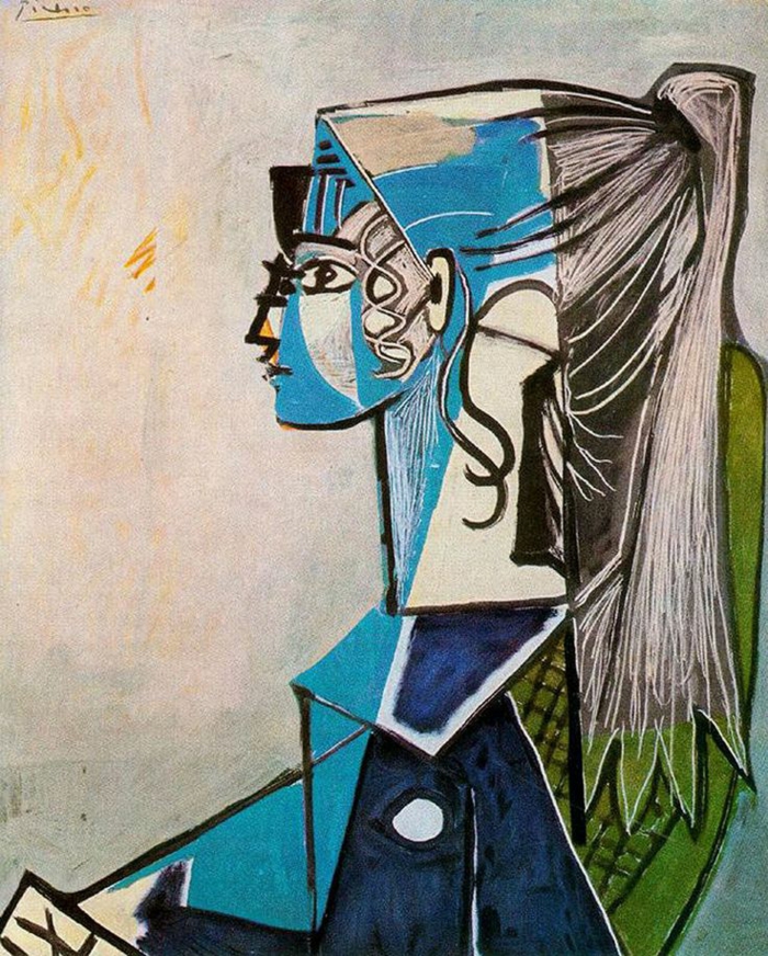 picasso-kubisme toont Sylvette David in groene stoel 1954