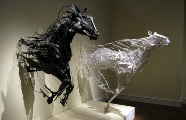 plastic art designer fashion sculptures from plastic cutlery horses