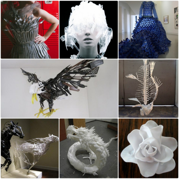 塑料艺术设计师时尚雕塑由塑料餐具制成