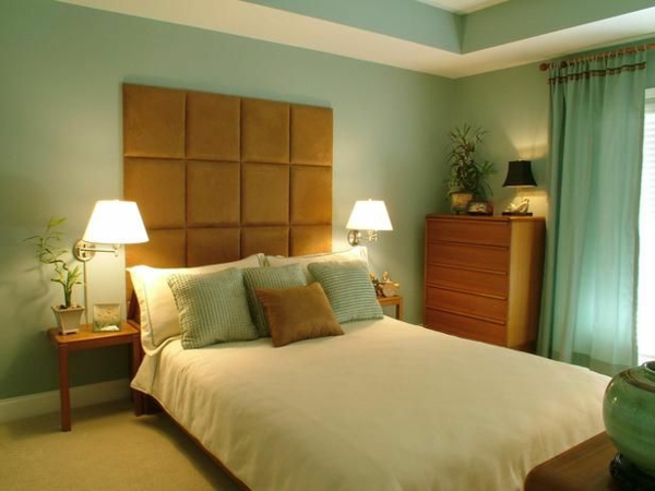 polstret seng feng shui soveværelse møbler væg maling grøn