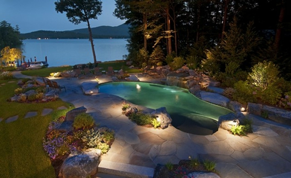 la nuit éclairage jardin idée piscine pierre