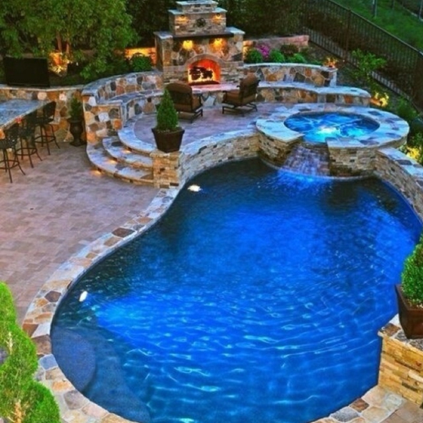 πισίνα σχεδιασμό στον κήπο τζακούζι τζάκι πέτρα