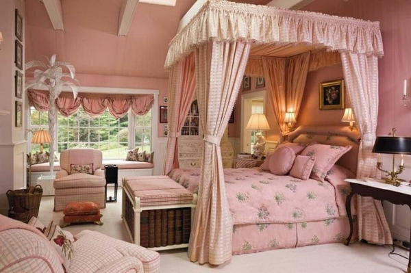 prinsesse soveværelse blød pink himmelseng bænk