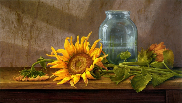 realisme kunst canvas zonnebloemen manfred juergens
