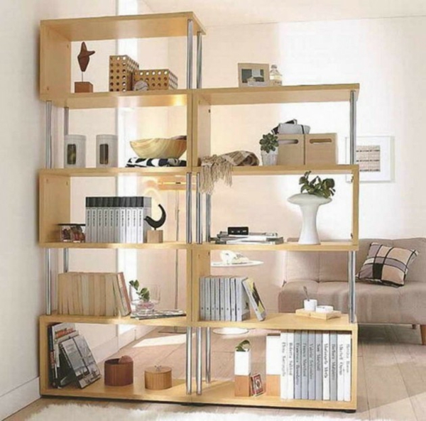 shelves as a partition made of cedar wood with steel poles