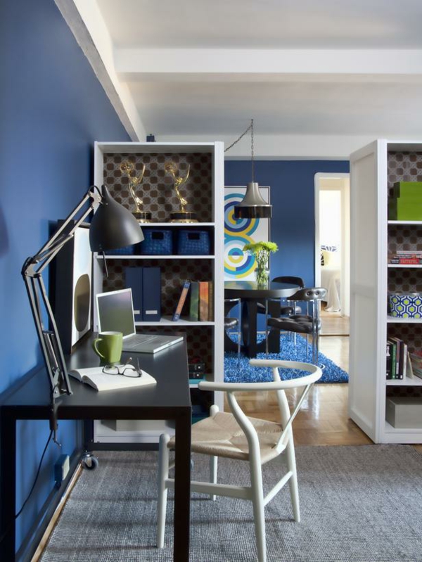 shelves as a dividing wall checkered inside blue tones