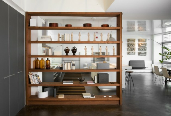 Shelves as a dividing wall open with long boards