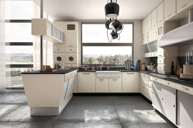 retro virtuvės dizainas vintage 50s dizaino virtuvės spintelės dizaineris pakabukas žiburiai