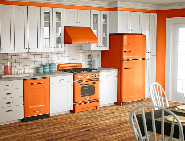 retro kuchyně oranžová kuchyňská technika chladnička sporák kapuce