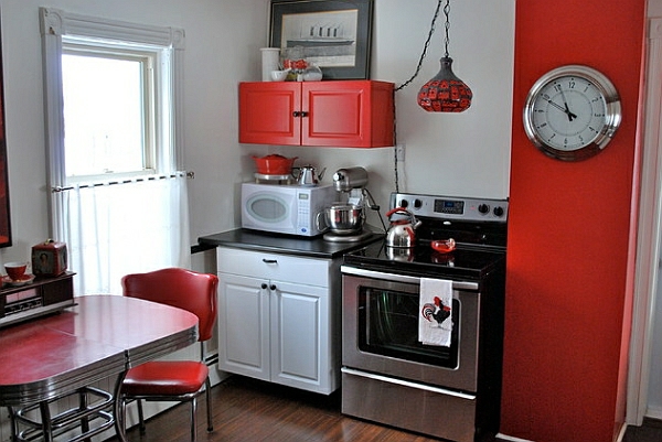 retro kitchen red accent wall wall clock round